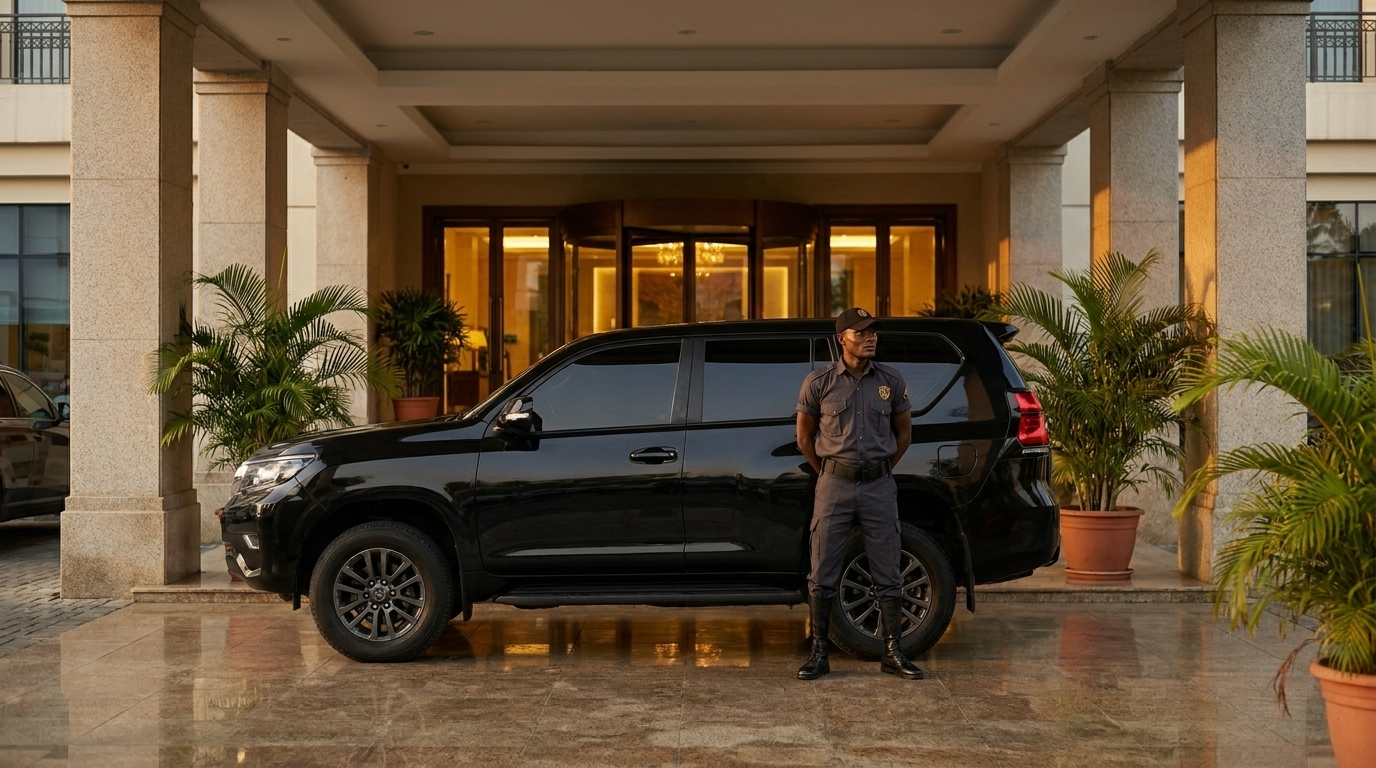 Close protection officer with armoured Prado at hotel entrance