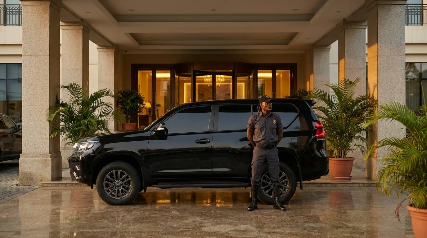 Close protection officer with armoured Prado at hotel entrance